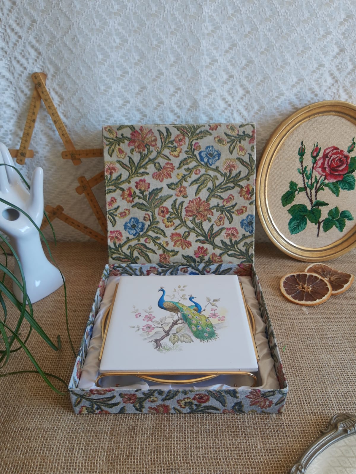 Dish coaster mettlach vintage peacock patterns