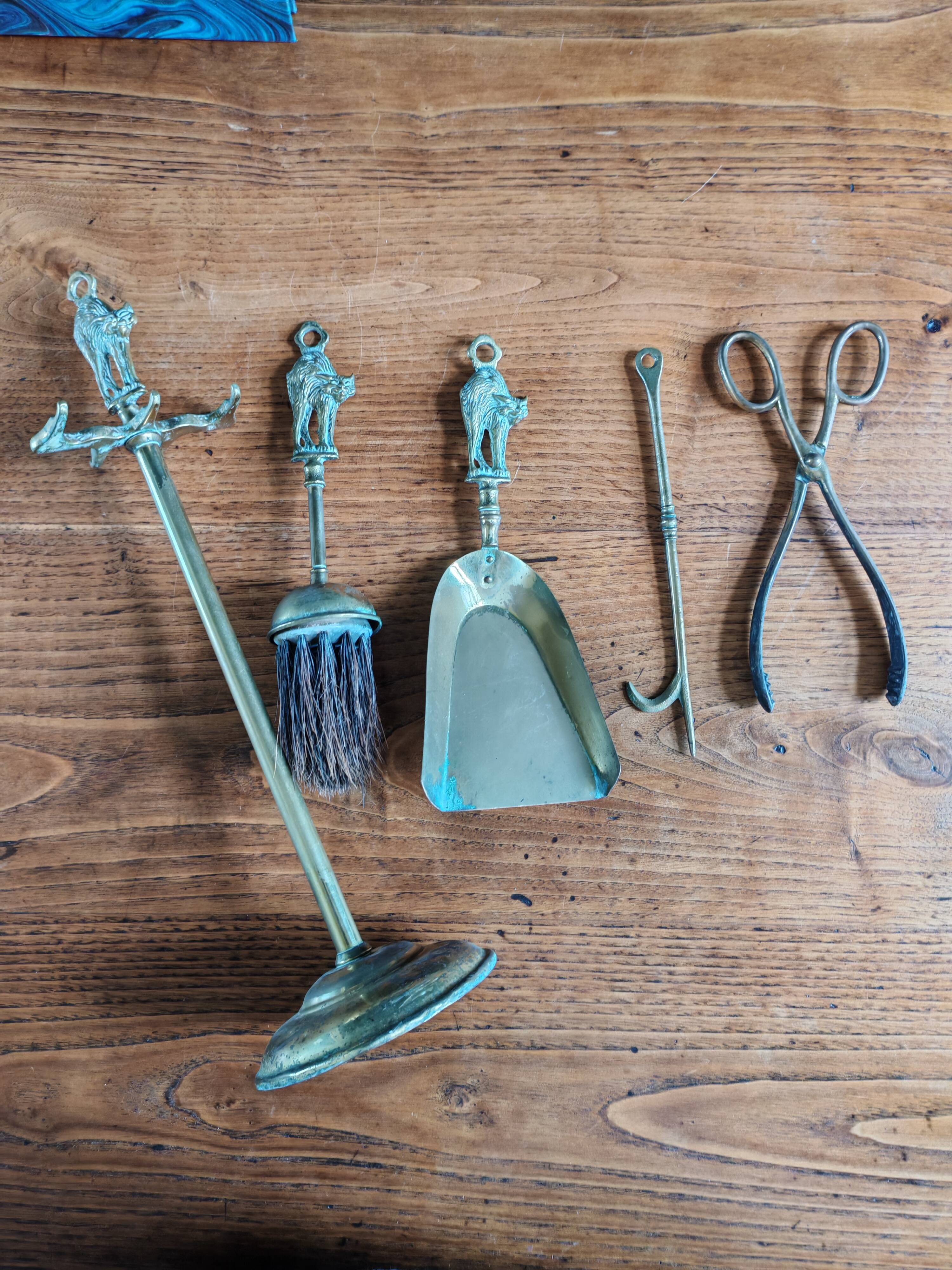 Vintage Brass Fireplace Tools Cat Decor