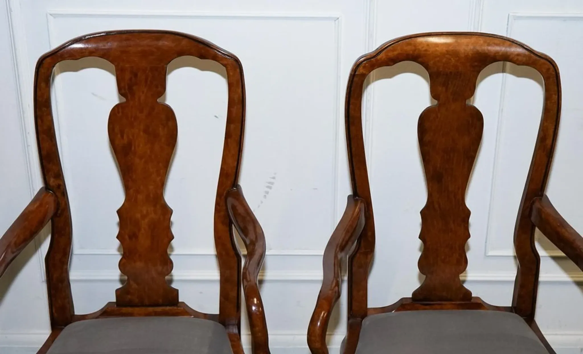 Art Deco Queen Anne Style Armchairs in Walnut Burl, 1920s, Set of 2