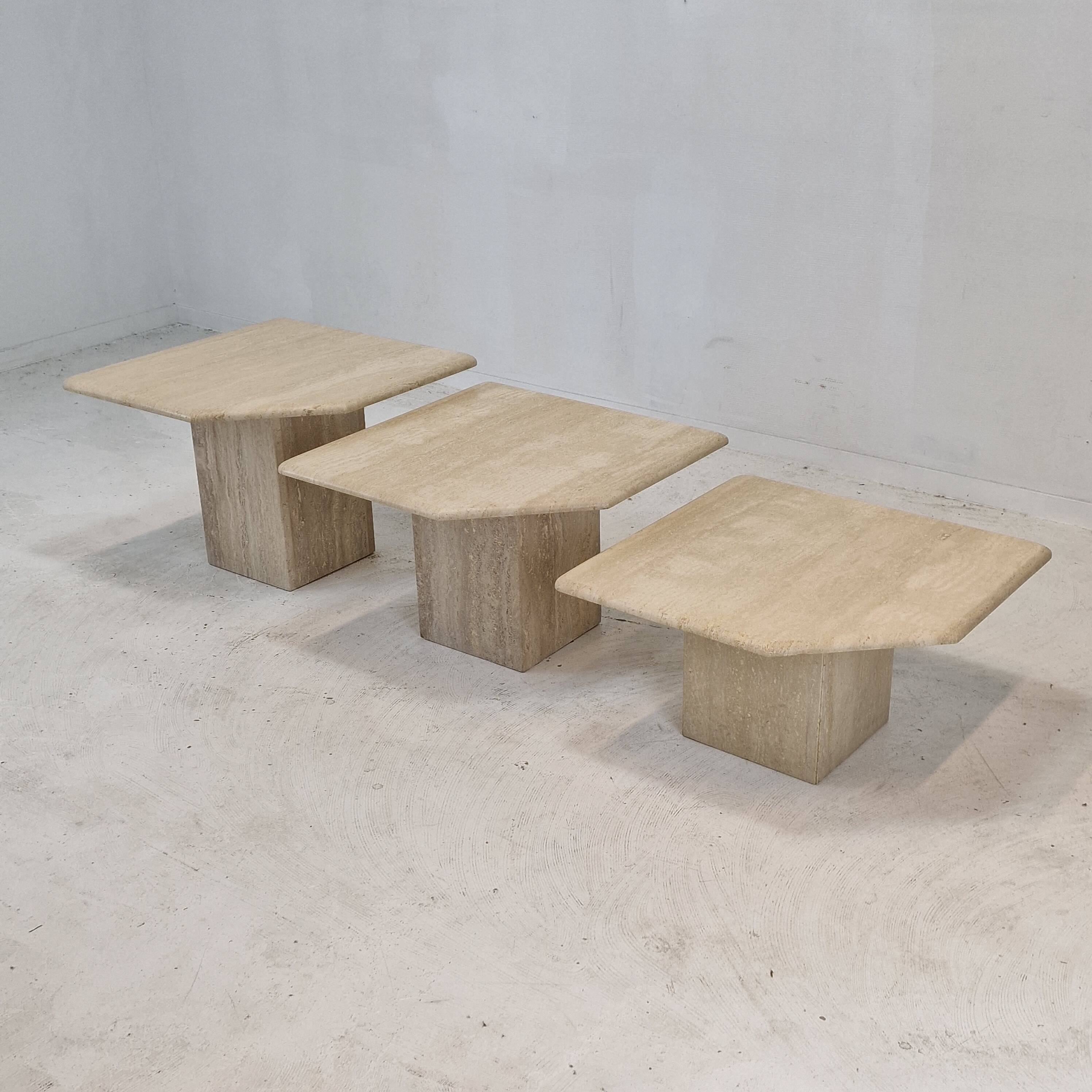 Set of 3 italian travertine coffee or side tables, 1980s