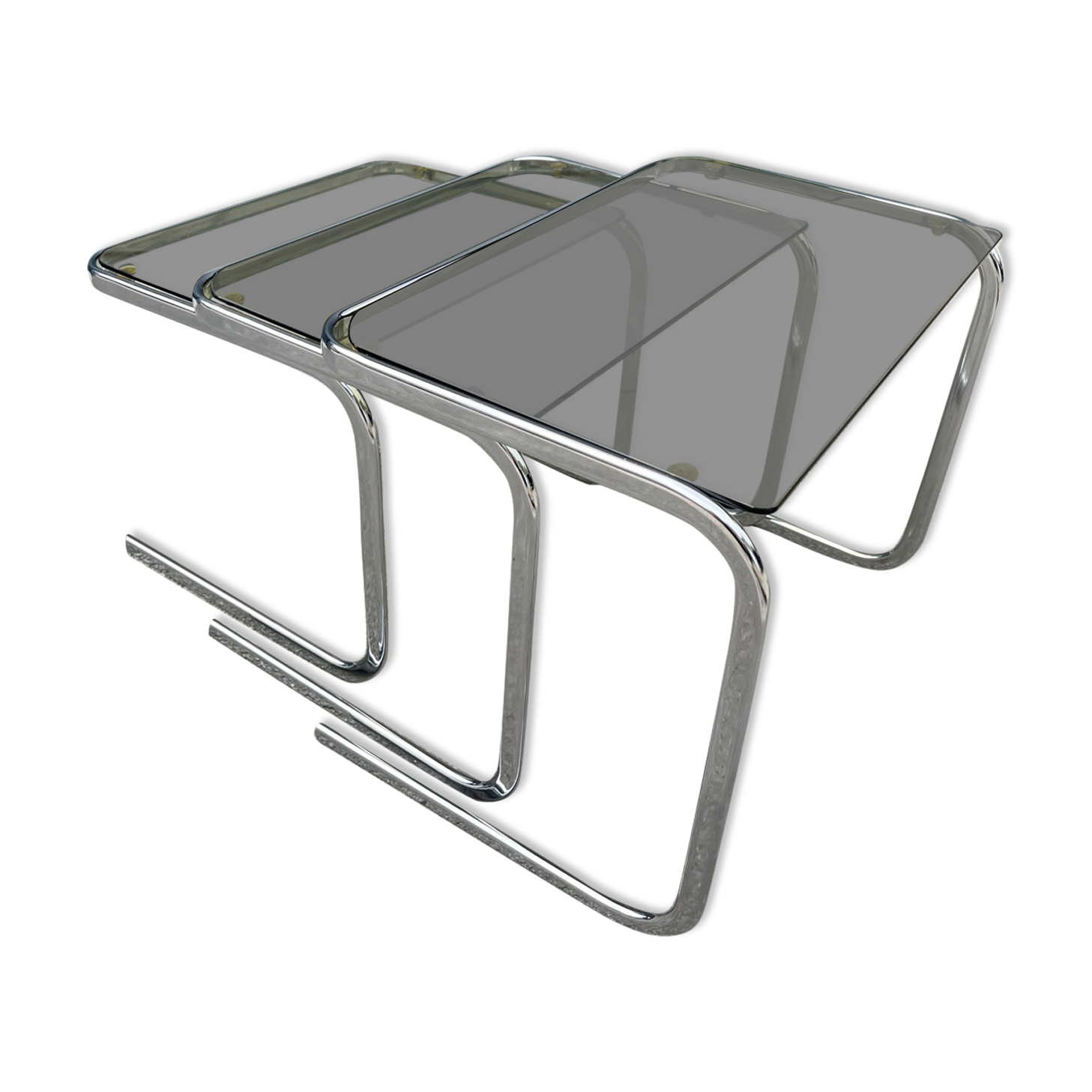 Series of 3 metal and glass nesting tables Space age