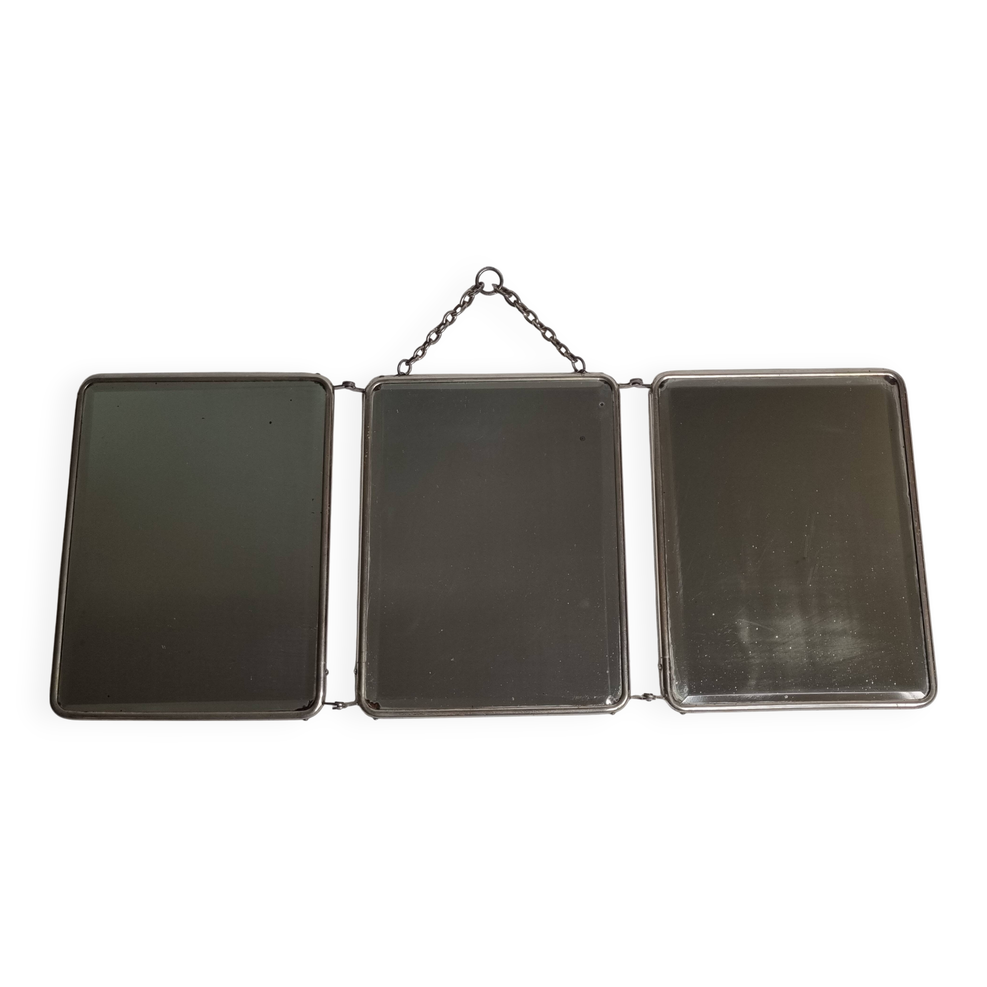 Antique triptych barber's mirror, metal frame and imitation leather back, 1930