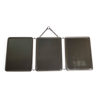 Antique triptych barber's mirror, metal frame and imitation leather back, 1930