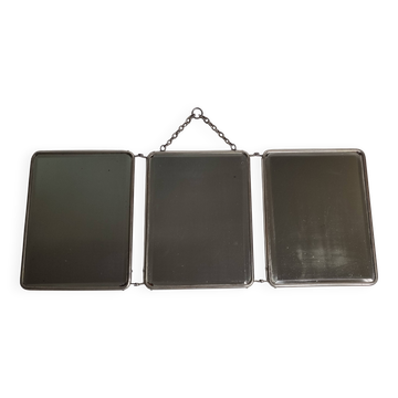 Ancien miroir de barbier triptyque, cadre métal et dos simili cuir 1930