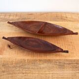 Set Of Two Vintage Teak Canoe Trays, African Hand Carved Hardwood Dishes