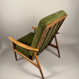 Fauteuil scandinave – revêtement vert, bois de hêtre, vintage