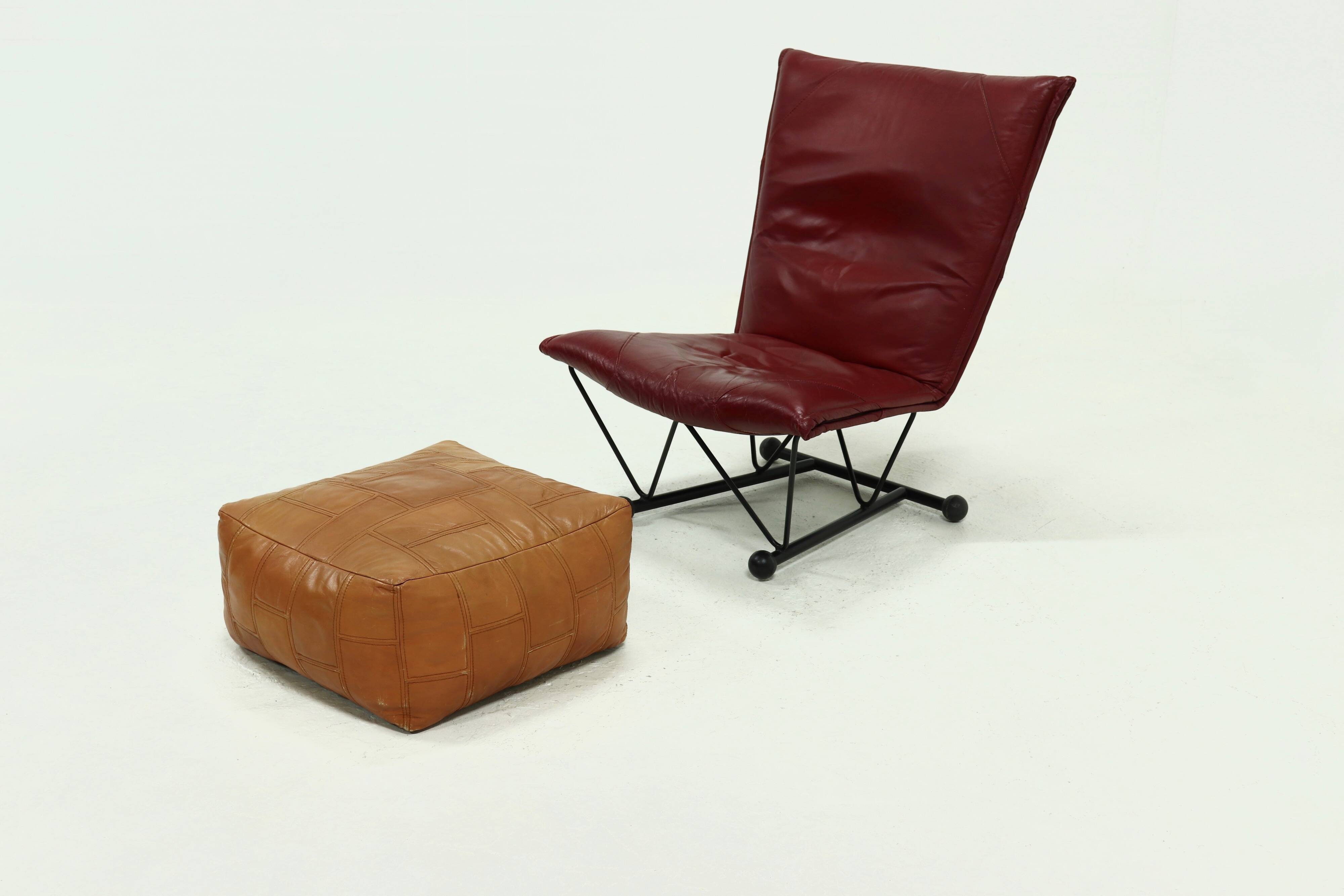 Mid-Century Patchwork Cognac Leather Pouf, 1970s