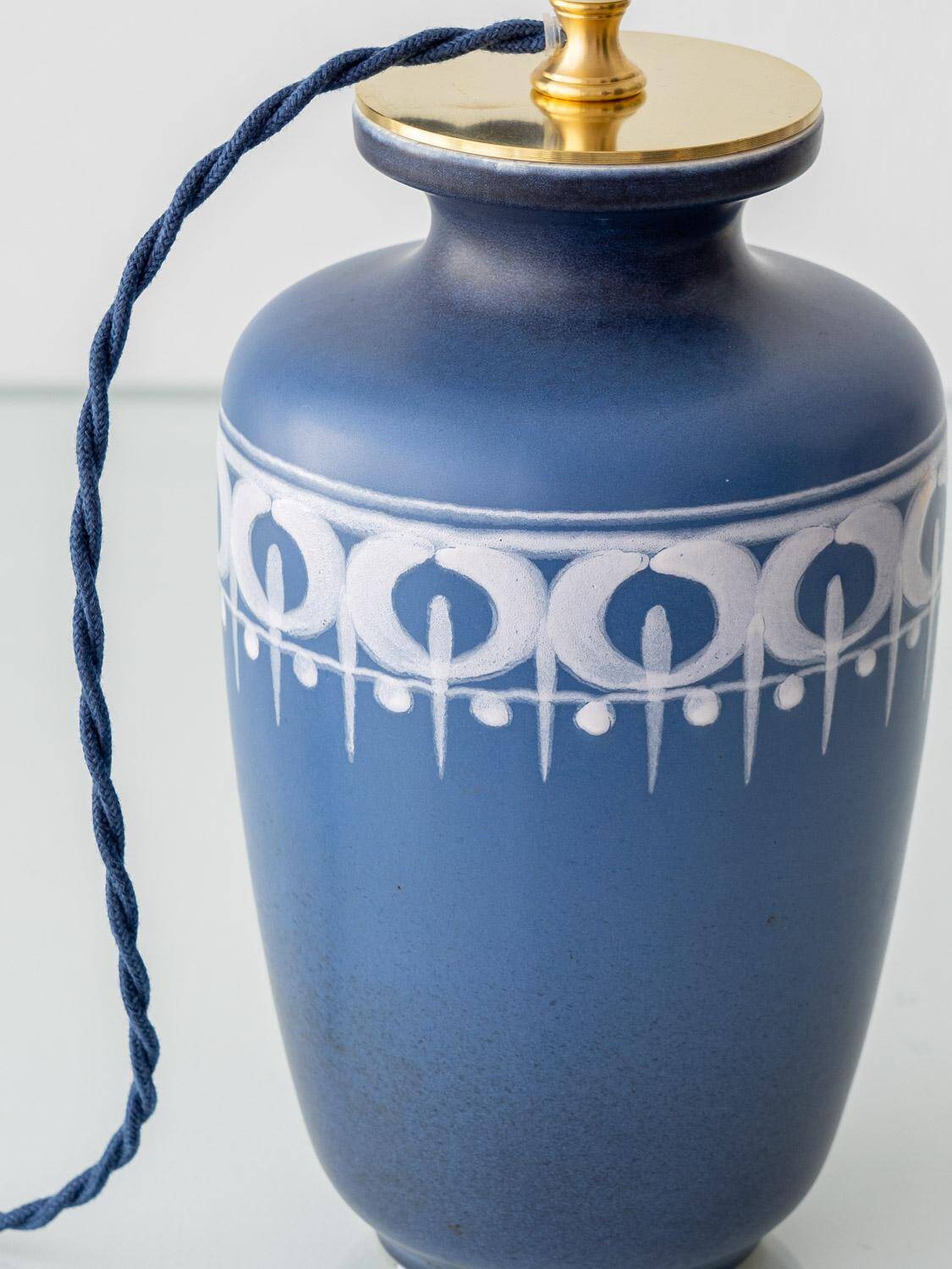 Dutch blue and white ceramic table lamp, 1977, with a new Liberty London shade.