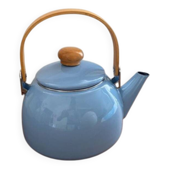 Vintage blue enamelled tin teapot with wooden handle