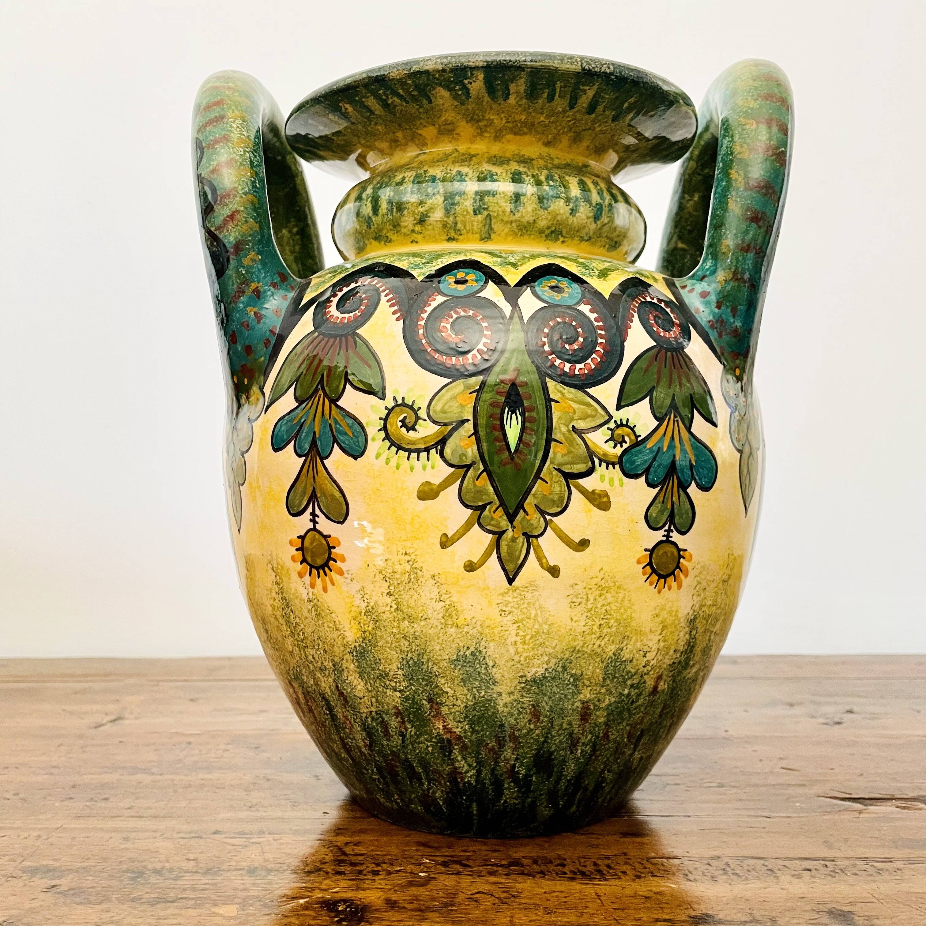 Sublime vase signed Paul Fouillen with yellow and green handles 1940
