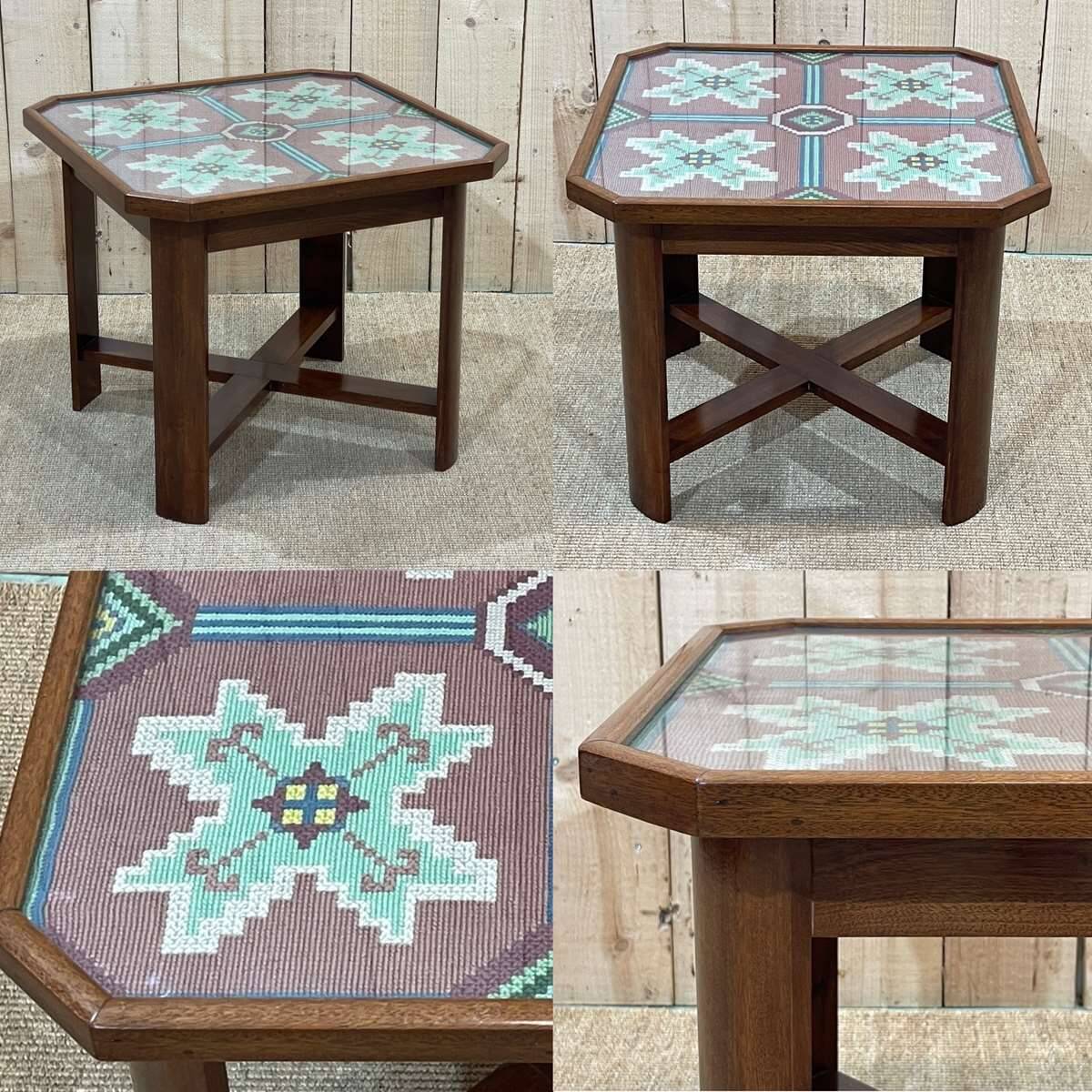 Art Deco side table in mahogany, fabric and glass.