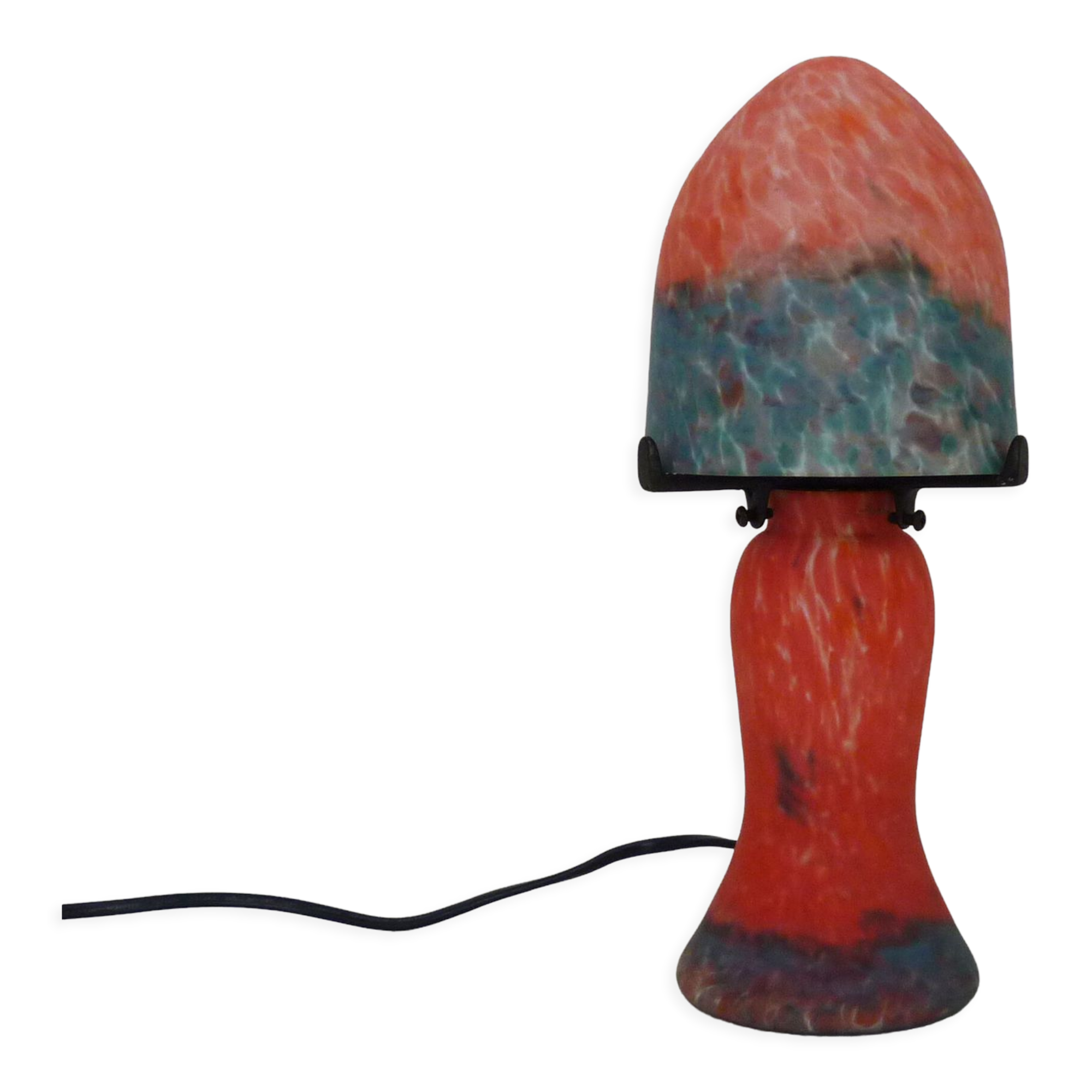 Lampe champignon en pâte de verre marmoréen orange bleu, année 80