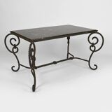 Coffee table in patinated wrought iron and black marble, circa 1940