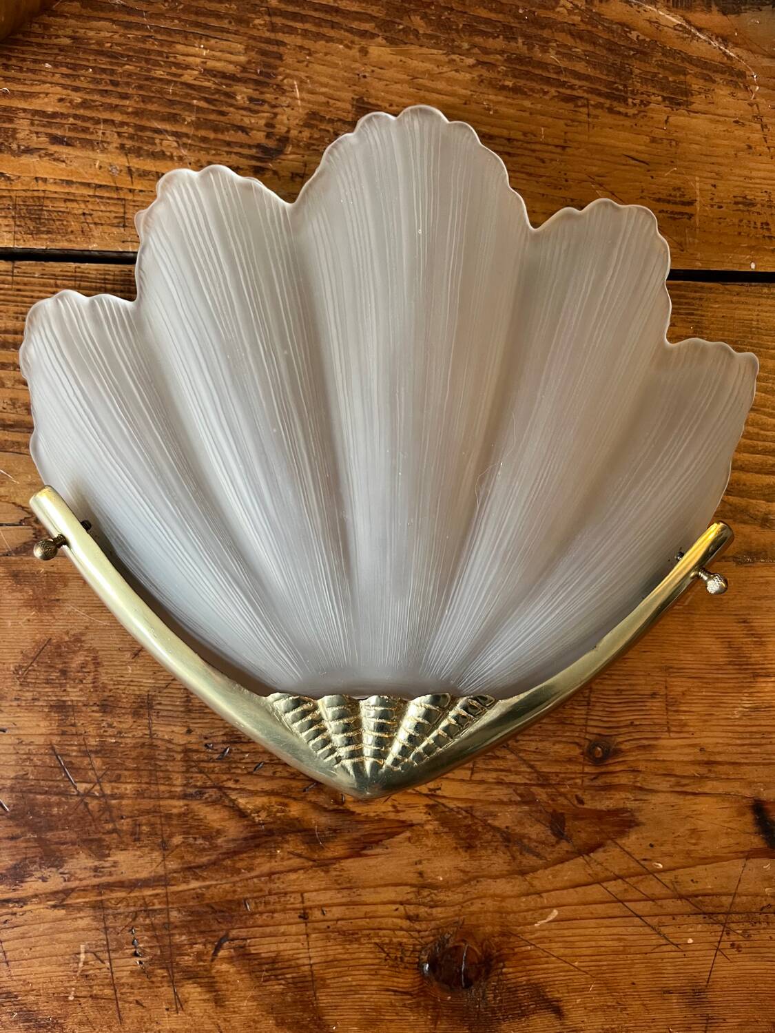 2 brass shell wall lamp covers in art deco molded glass