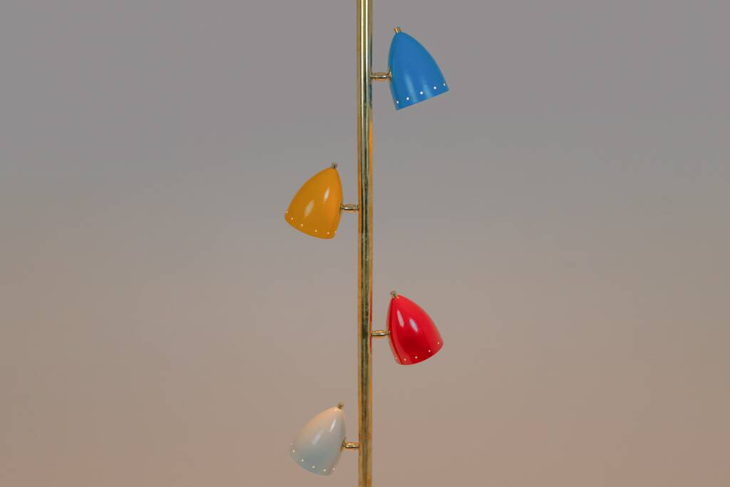 Tubular pendant light in patinated and lacquered brass. Contemporary