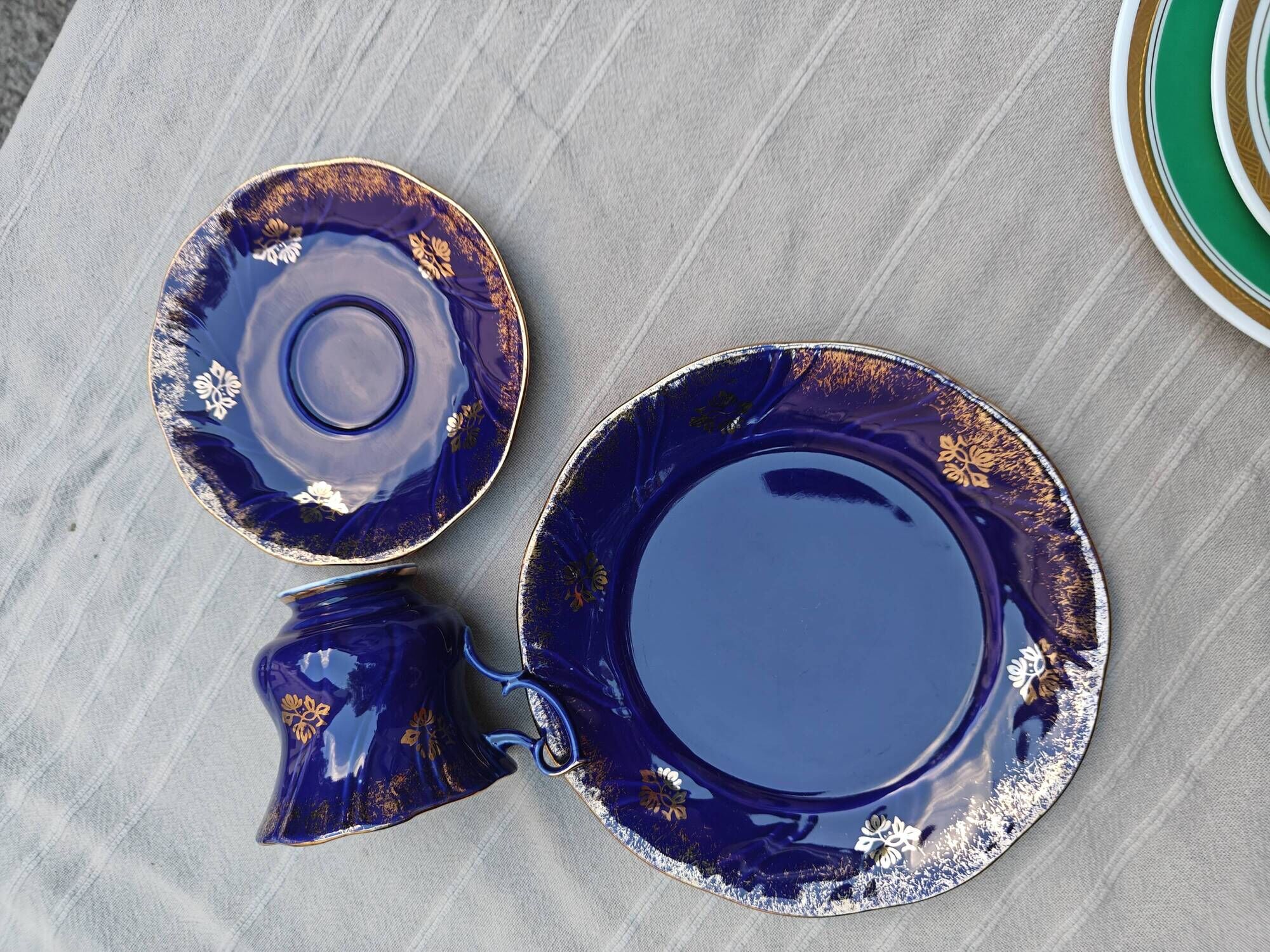 Superb Coffee/Tea Trio in Cobalt Blue & Gold Porcelain - Chodzież Poland