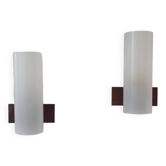 Pair of vintage wall lights, opaline perspex and teak, Doria Leucthen, Germany 1960s