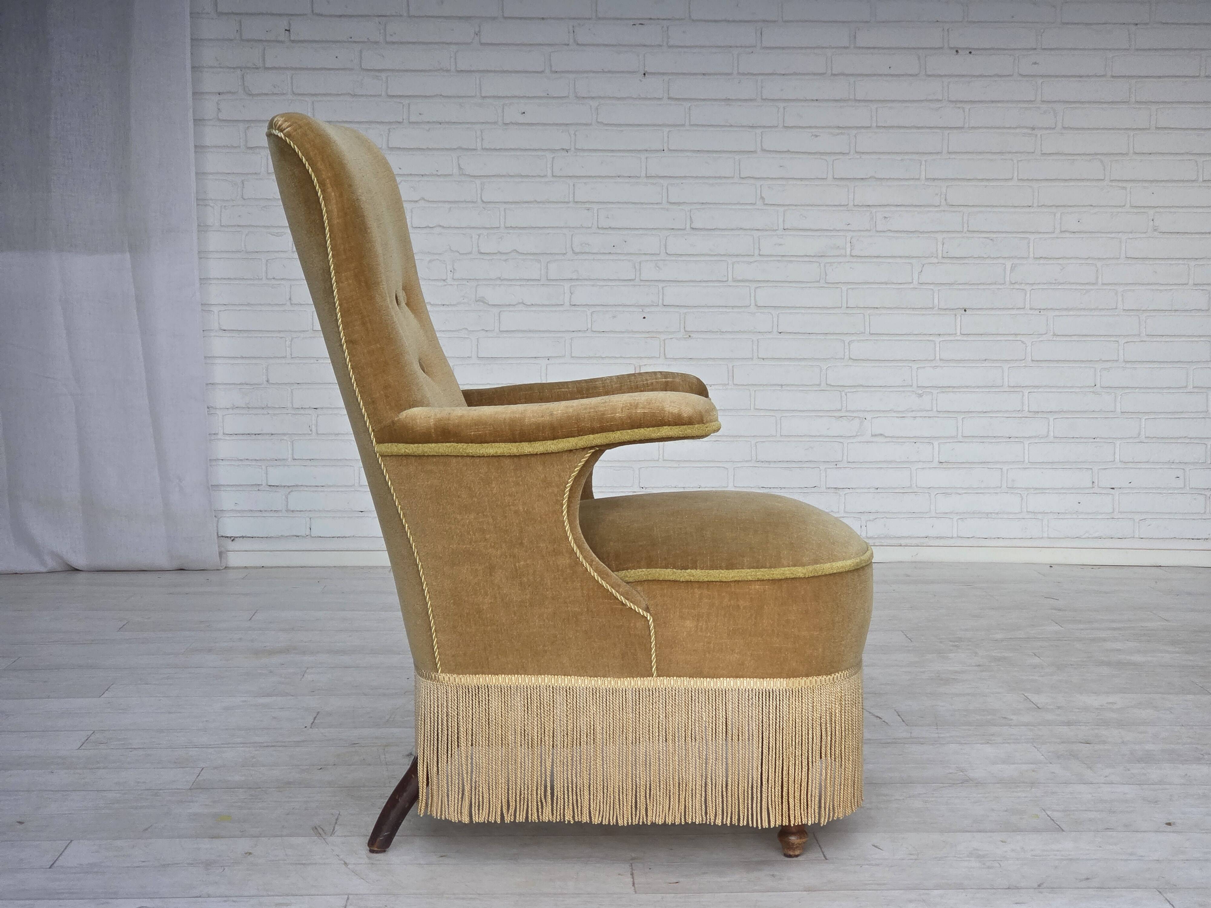 1950s, Danish armchair, furniture velour, ash wood legs.