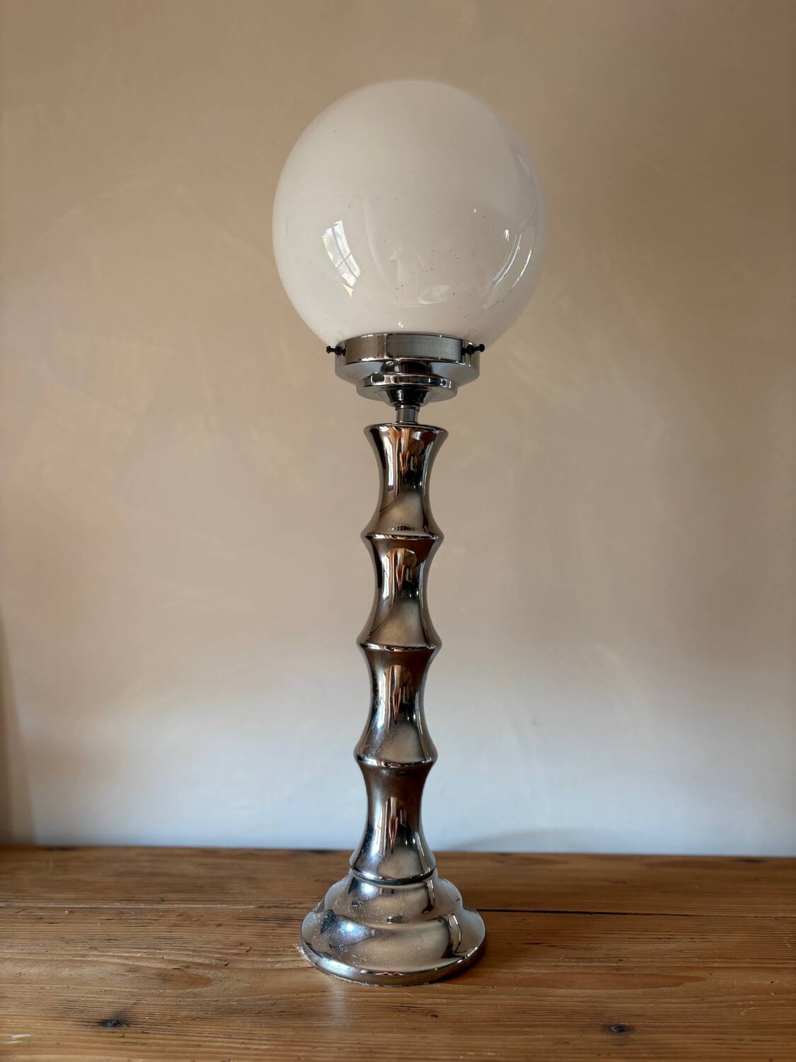 Vintage 1970s chrome globe lamp with bamboo-like finish