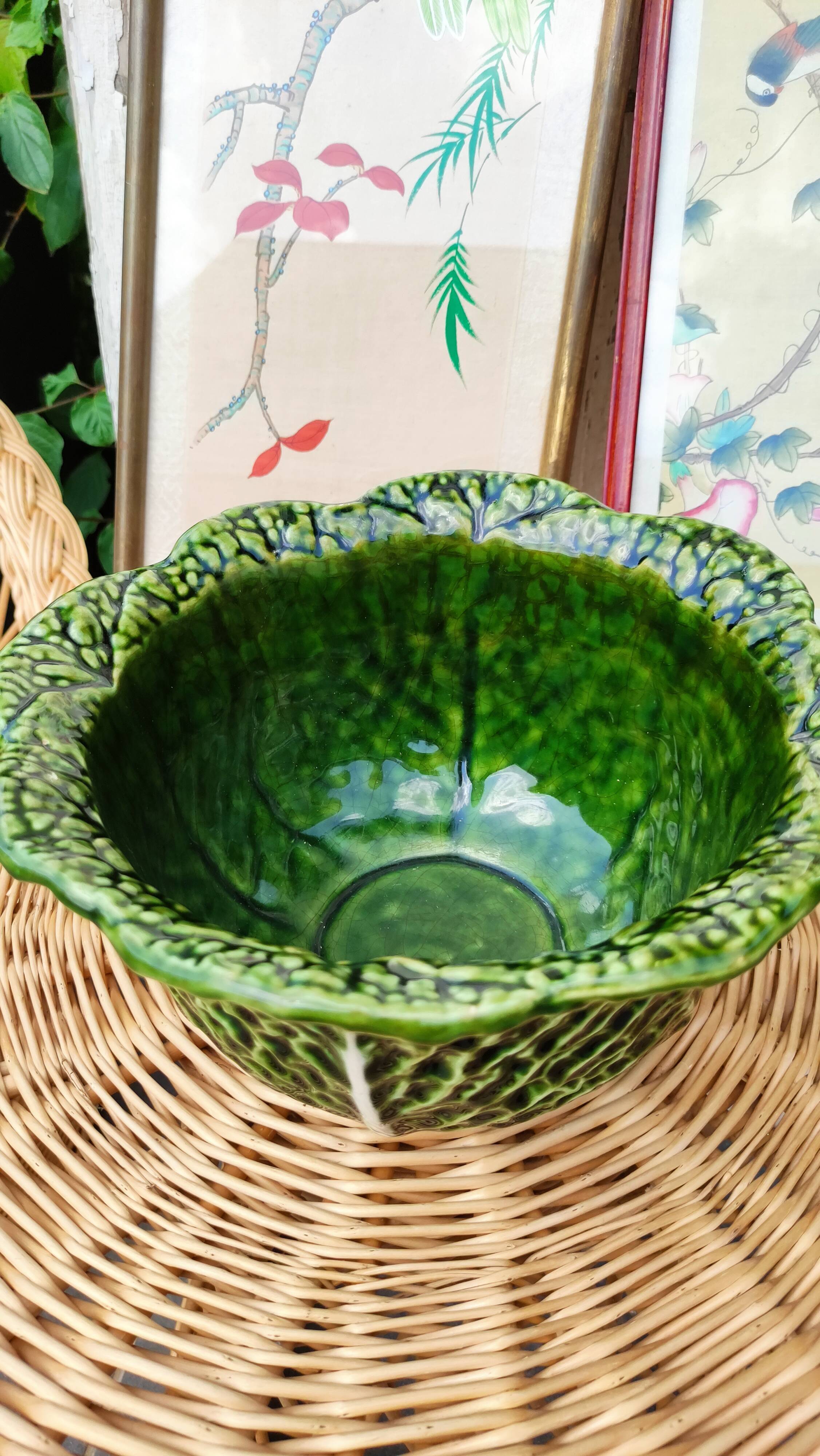 Saladier en barbotine vintage, feuilles de choux