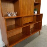 Deens hoge teak vakkenkast met bar vintage wandkast