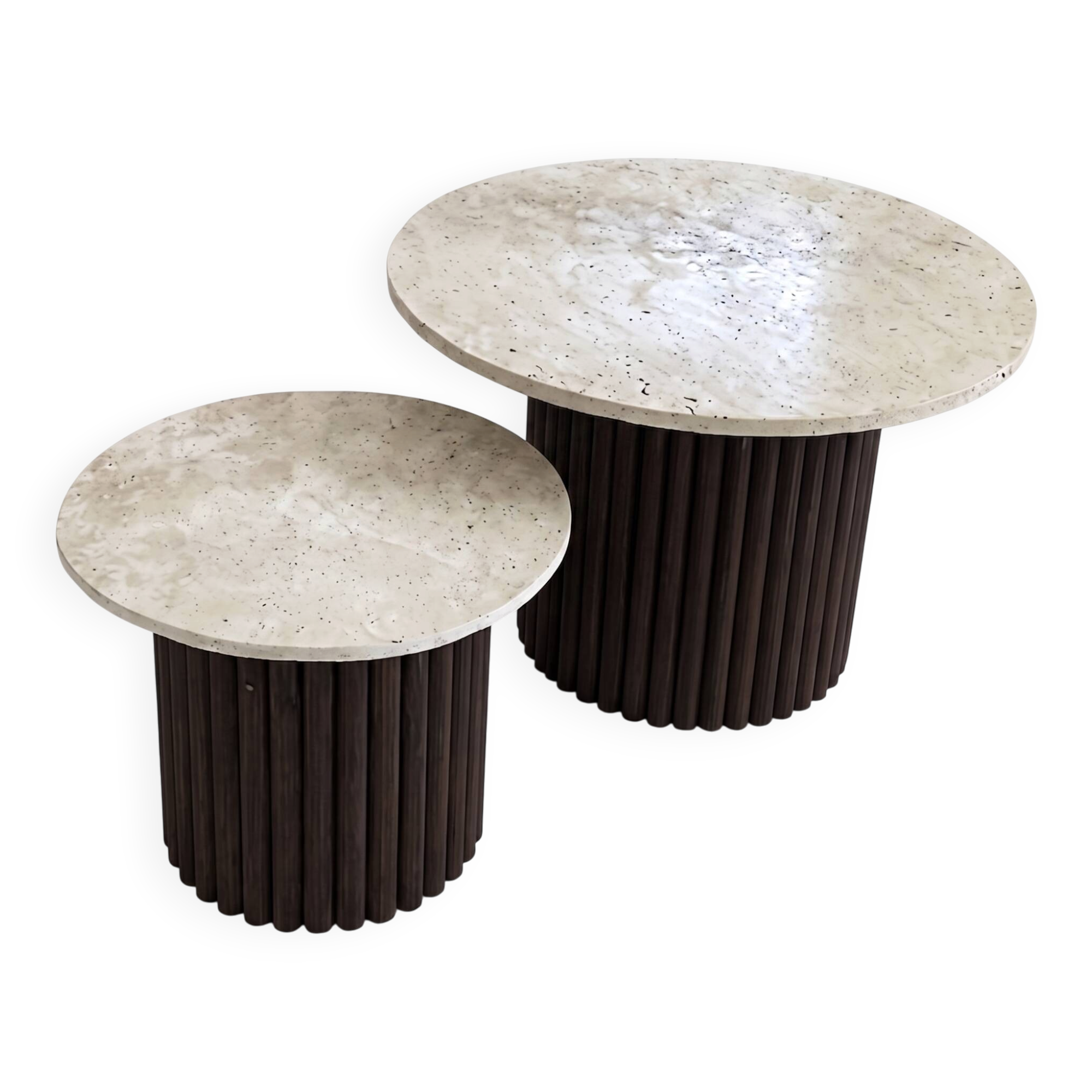 Round nesting coffee table in travertine and dark fluted wood.