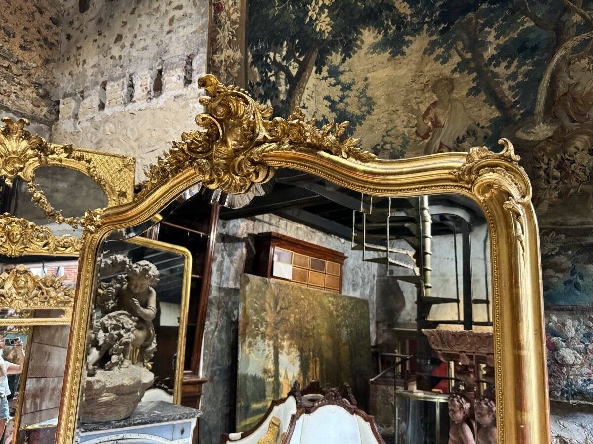 Napoleon III Period Fireplace Mirror in Gilded Wood with Louis XV Style Leaf