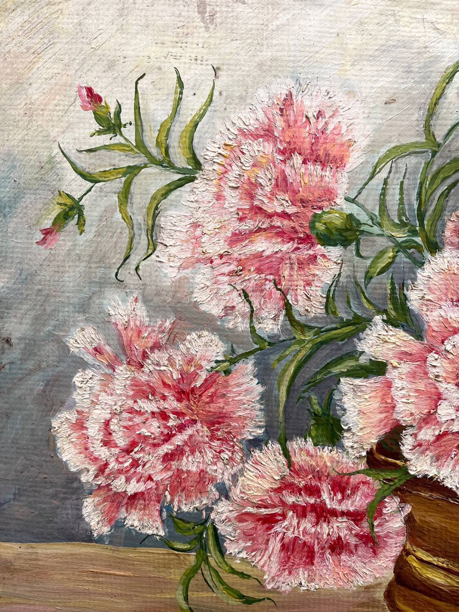 Antique oil painting on cardboard, bouquet of carnations, signed and dated 1899