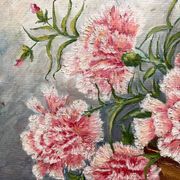 Antique oil painting on cardboard, bouquet of carnations, signed and dated 1899
