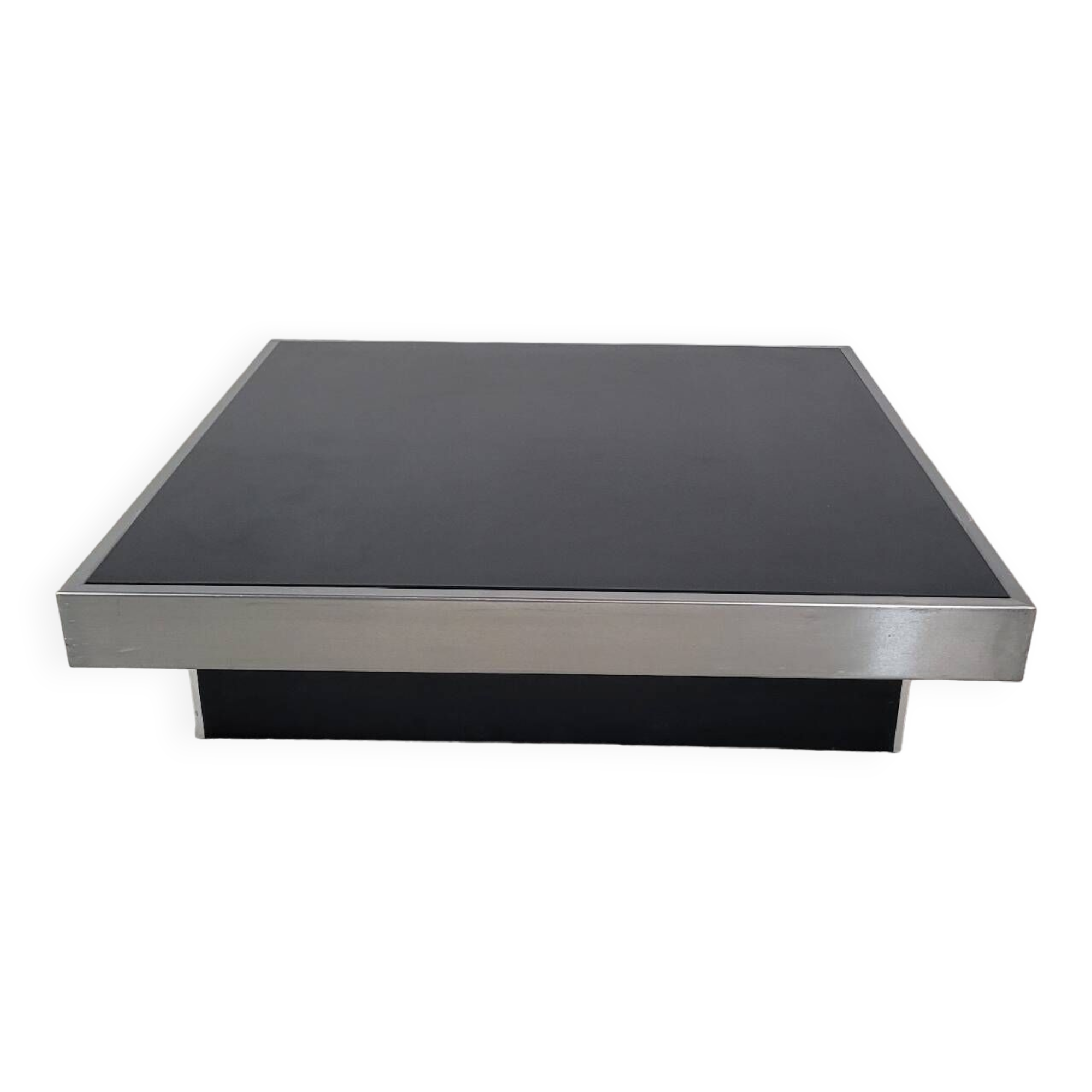 Large vintage black and stainless steel coffee table from the 1970s