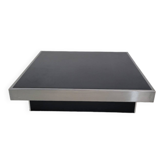 Large vintage black and stainless steel coffee table from the 1970s