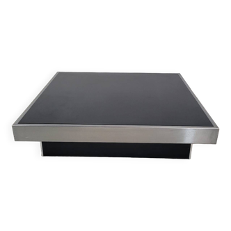 Grande table basse vintage noir et inox des années 1970