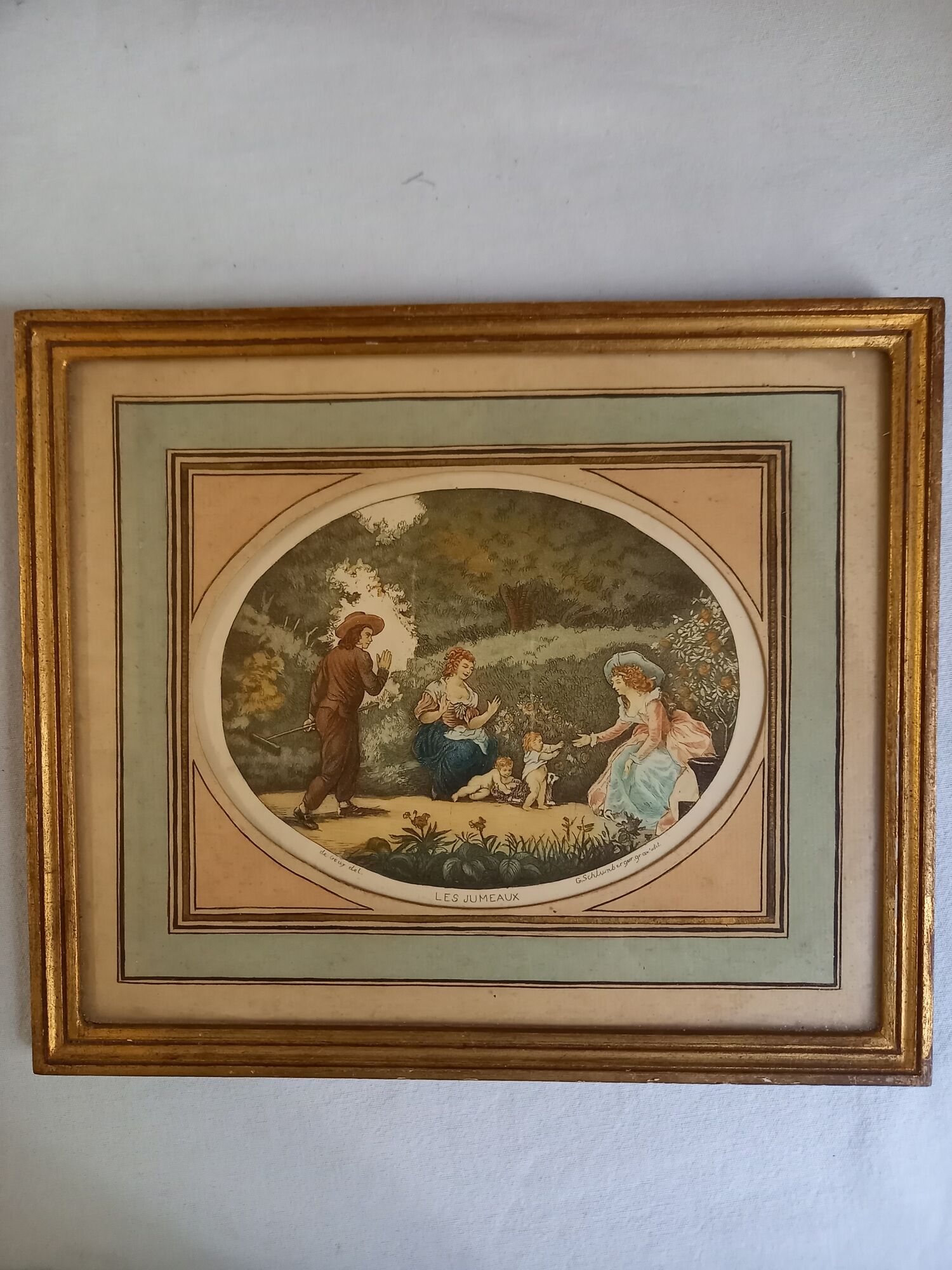 Antique print, country scene, entitled "the twins", engraved by G.Schlumberger (1807-1862)