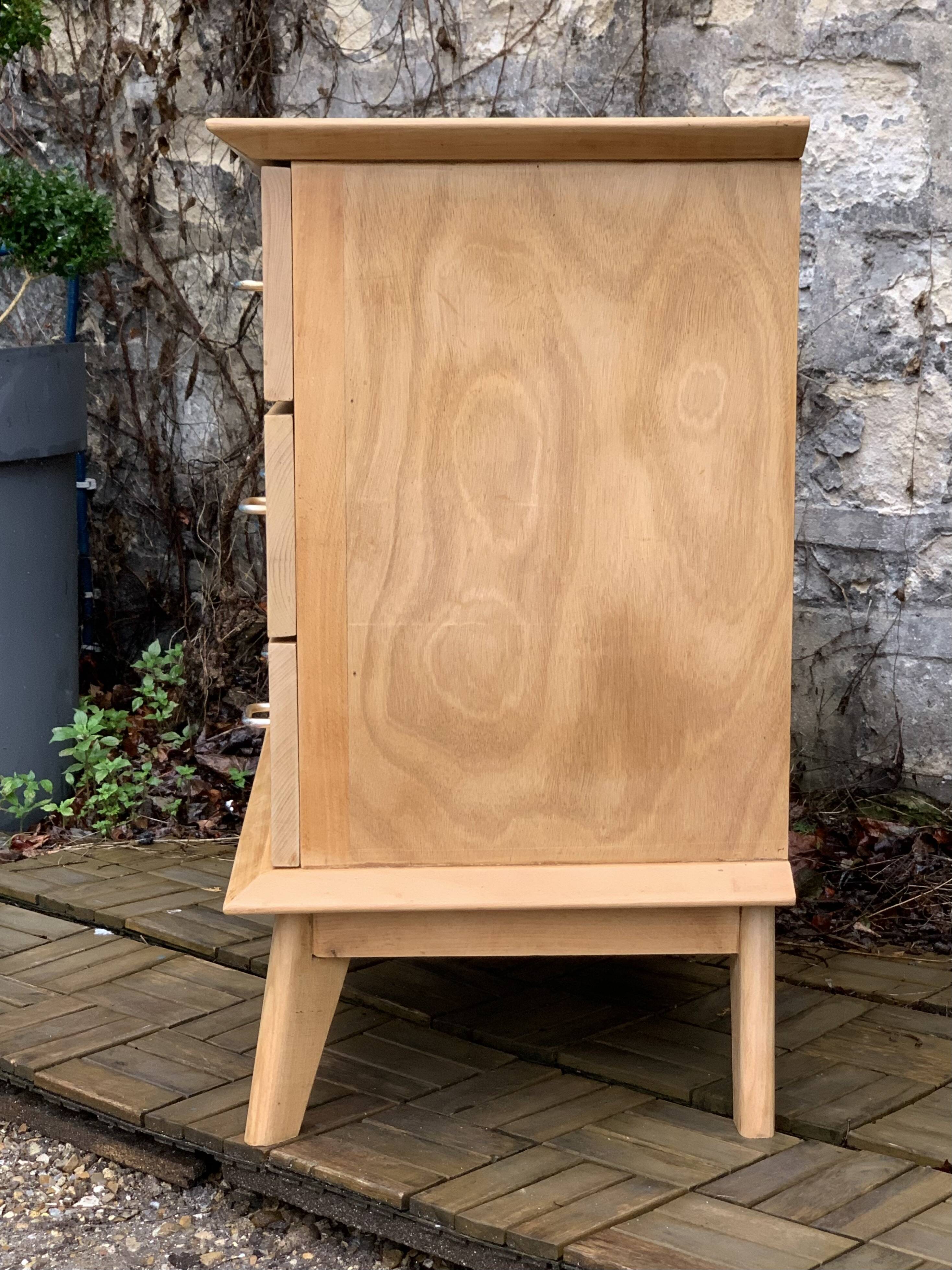 Vintage chest of drawers with compass feet, solid raw beech, 1960s