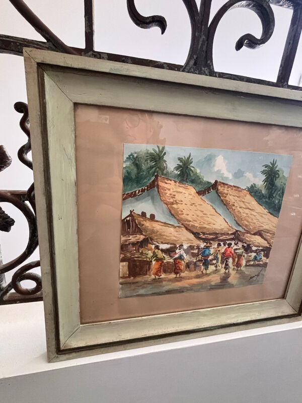 Aquarelle ancienne - Scène de Marché - École d'Indochine v. 1950