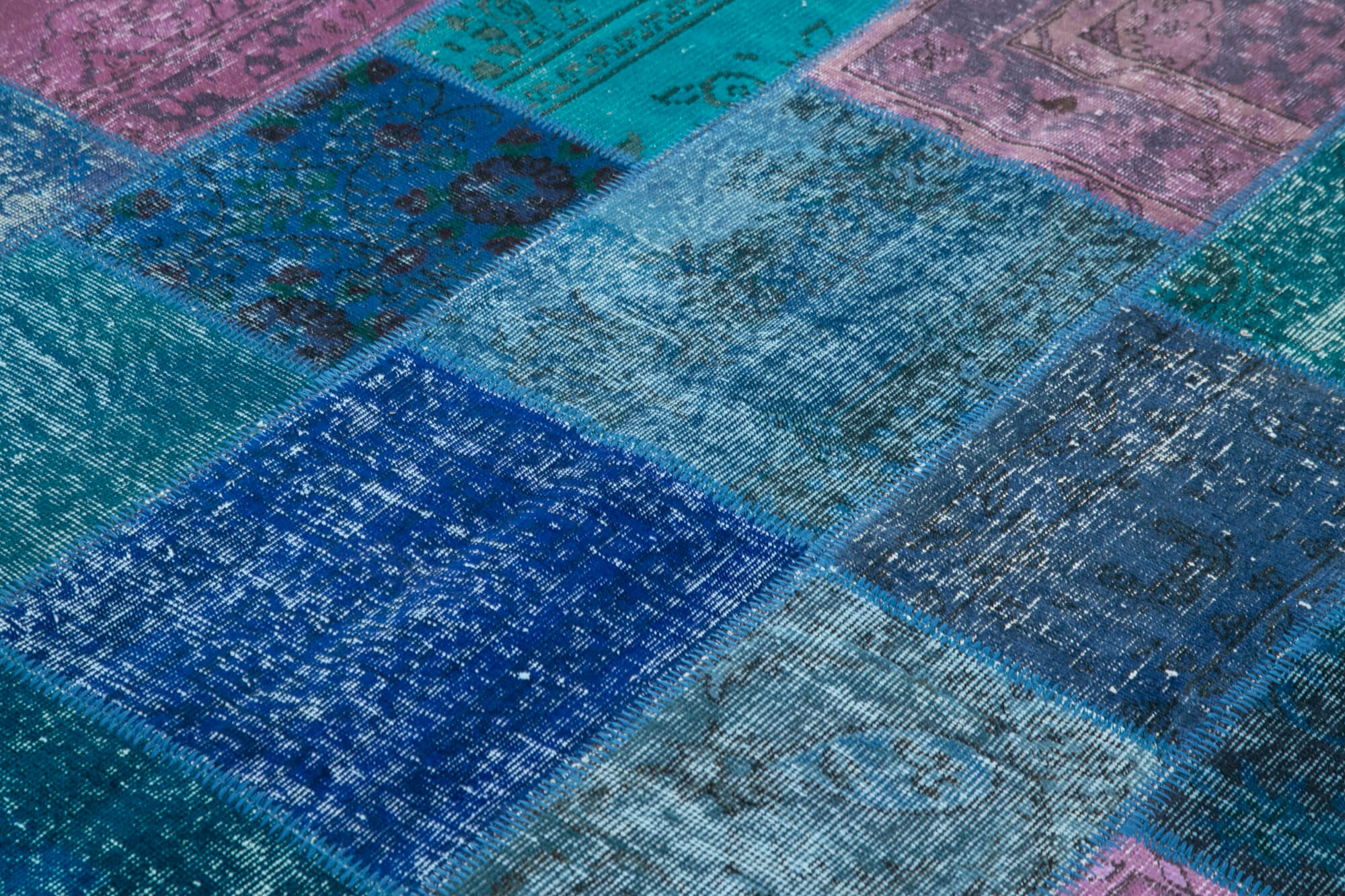 Handwoven oriental overdyed 203 cm x 300 cm blue patchwork carpet