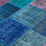 Handwoven oriental overdyed 203 cm x 300 cm blue patchwork carpet