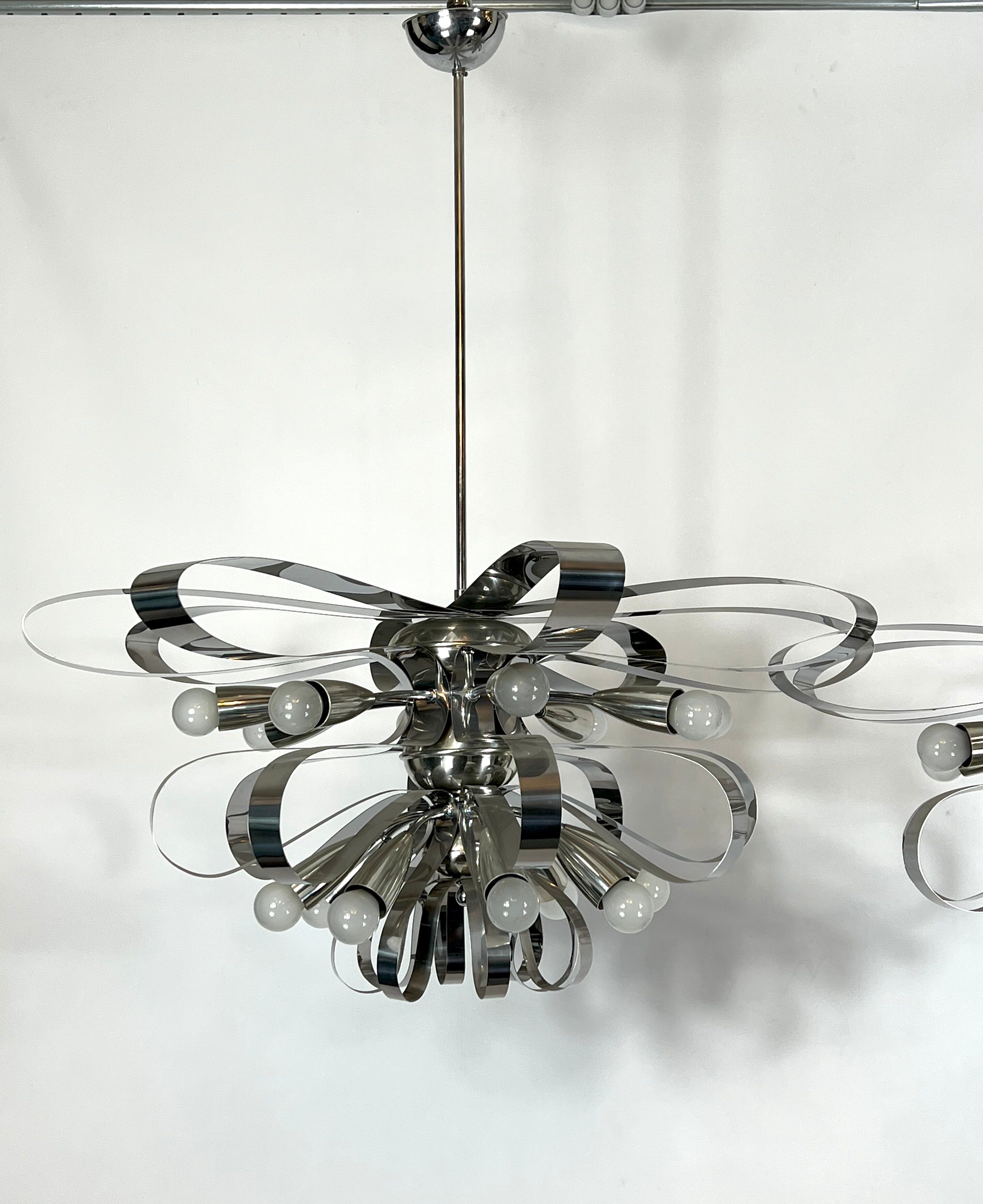Mid-century pair of Italian chrome chandeliers from 70