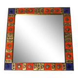 Vintage square mirror in gilded brass and enameled ceramic, 1970;