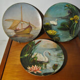 Set of 3 dishes 19th century terracotta painting 1895 boat lily lily swan