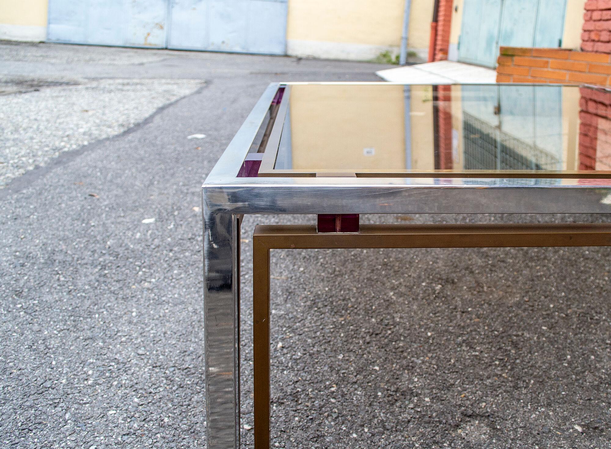 Coffee table in steel and brass, with decorations in colored plexiglas Italy 70s