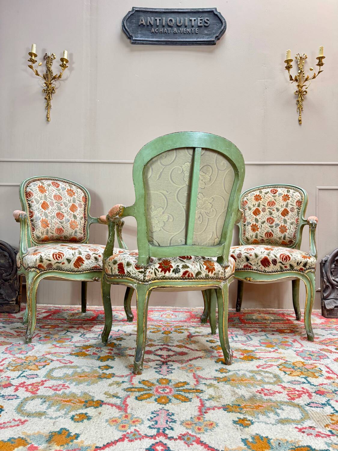 Set of Three Louis XV Style Lacquered Wood Armchairs, 19th Century