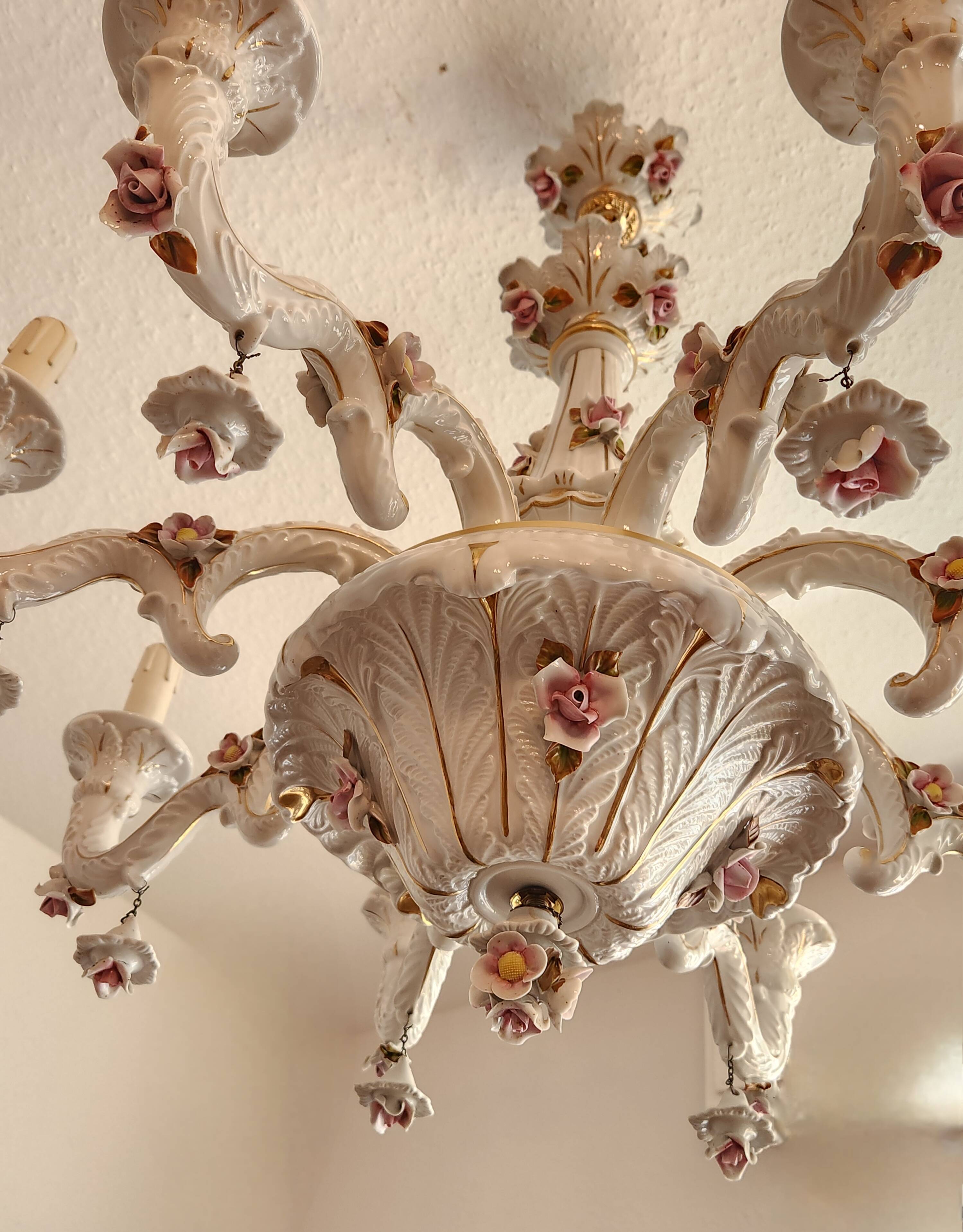 Large hand-painted gilded chandelier mangani ceramiche porcelain