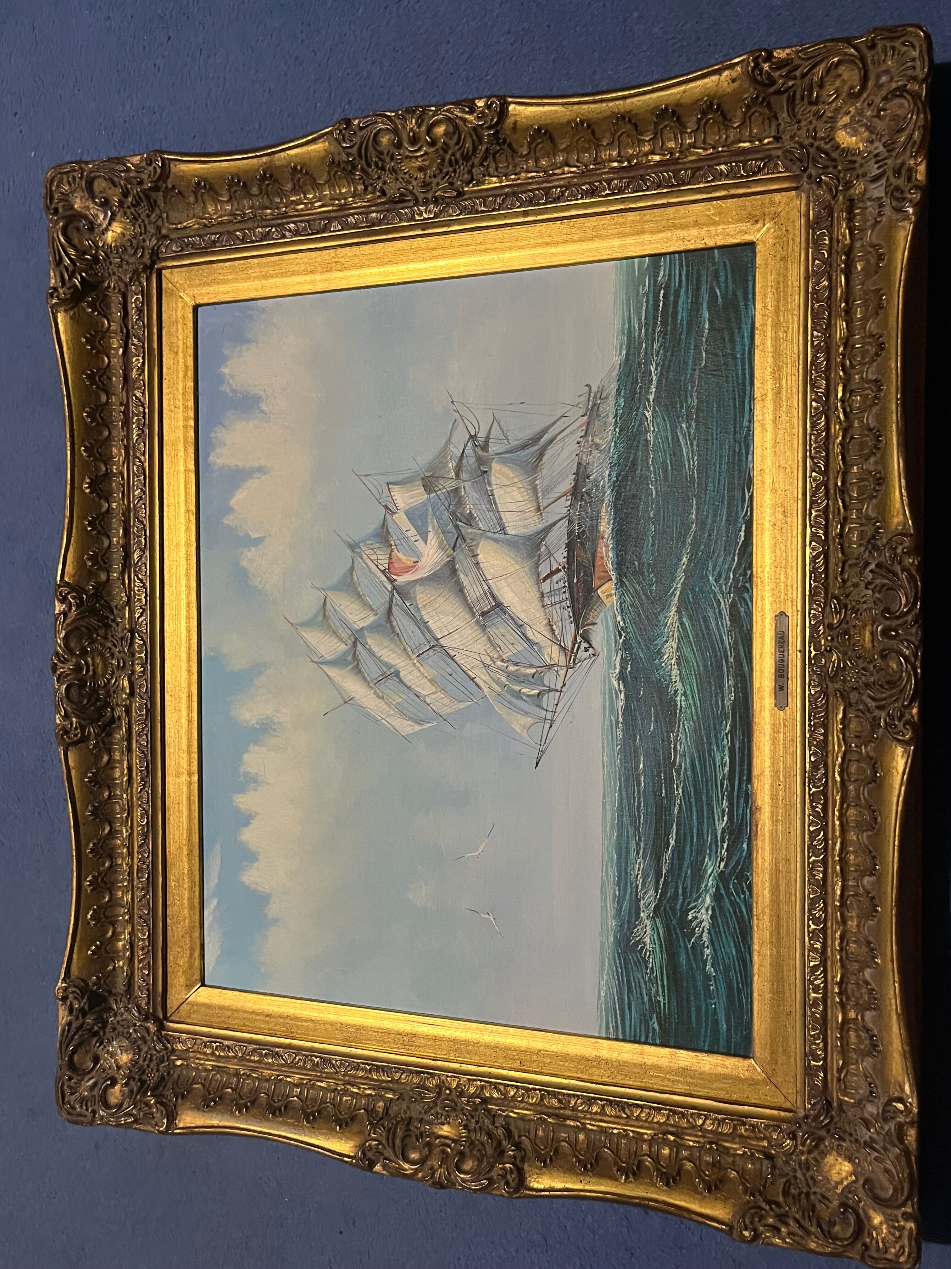 Maritime tableau 3 masts gold frame, sculpted