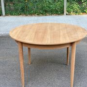 Scandinavian round extendable dining table stripped in teak 115cm
