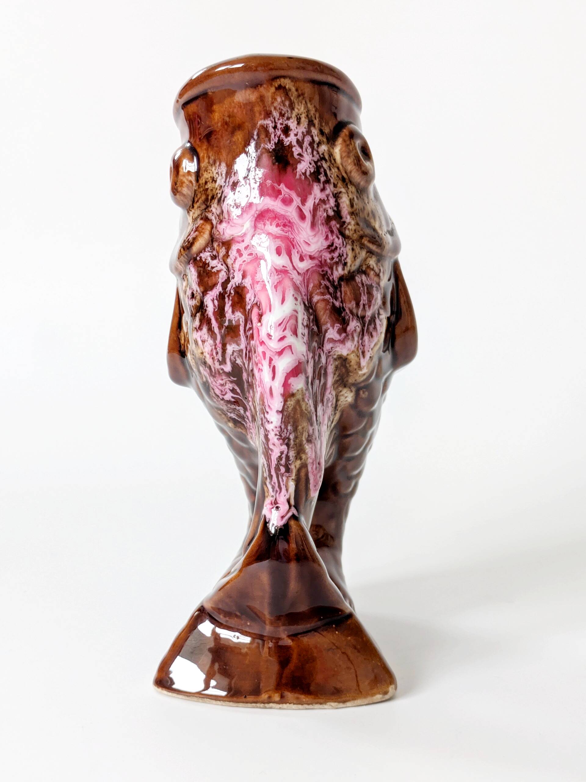 Vallauris fish pitcher vase from the 60s, amber and pink