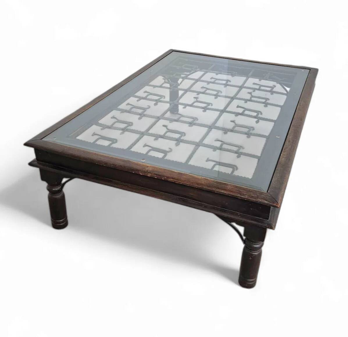 French brutalist coffee table, forged wrought iron, shepherd with dog and his herd, 1970s, transparent glass top