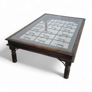 French brutalist coffee table, forged wrought iron, shepherd with dog and his herd, 1970s, transparent glass top
