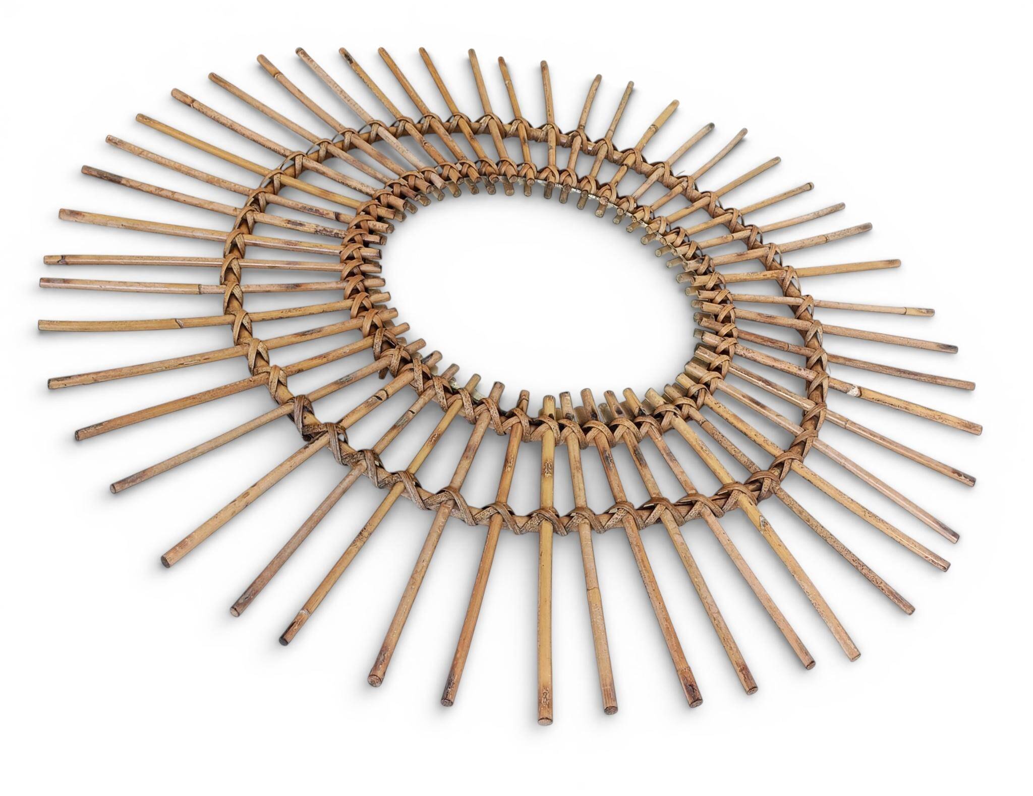 Mid Century Organic Modern Bamboo & Rattan Sunburst Patinated Mirror, 1960s