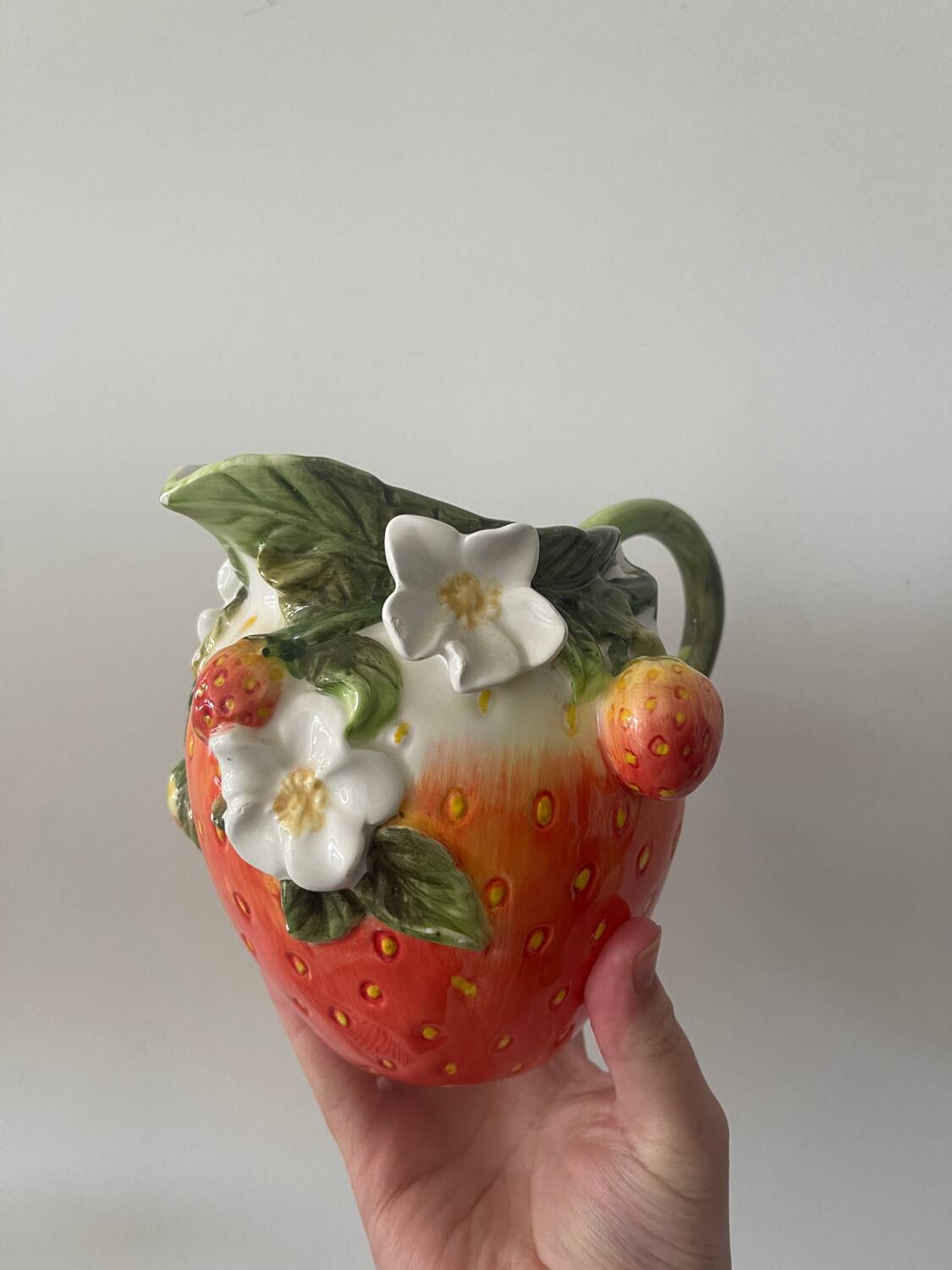 Strawberry shaped pitcher with vintage flowers ceramic pitcher in shape
